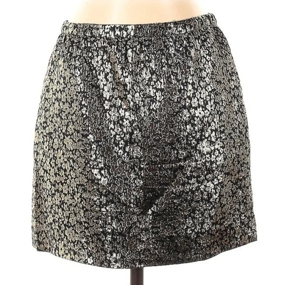 J. Crew Collection Silk Metallic Silver Navy Formal Print Mini Skirt Size 2 - Picture 2 of 3